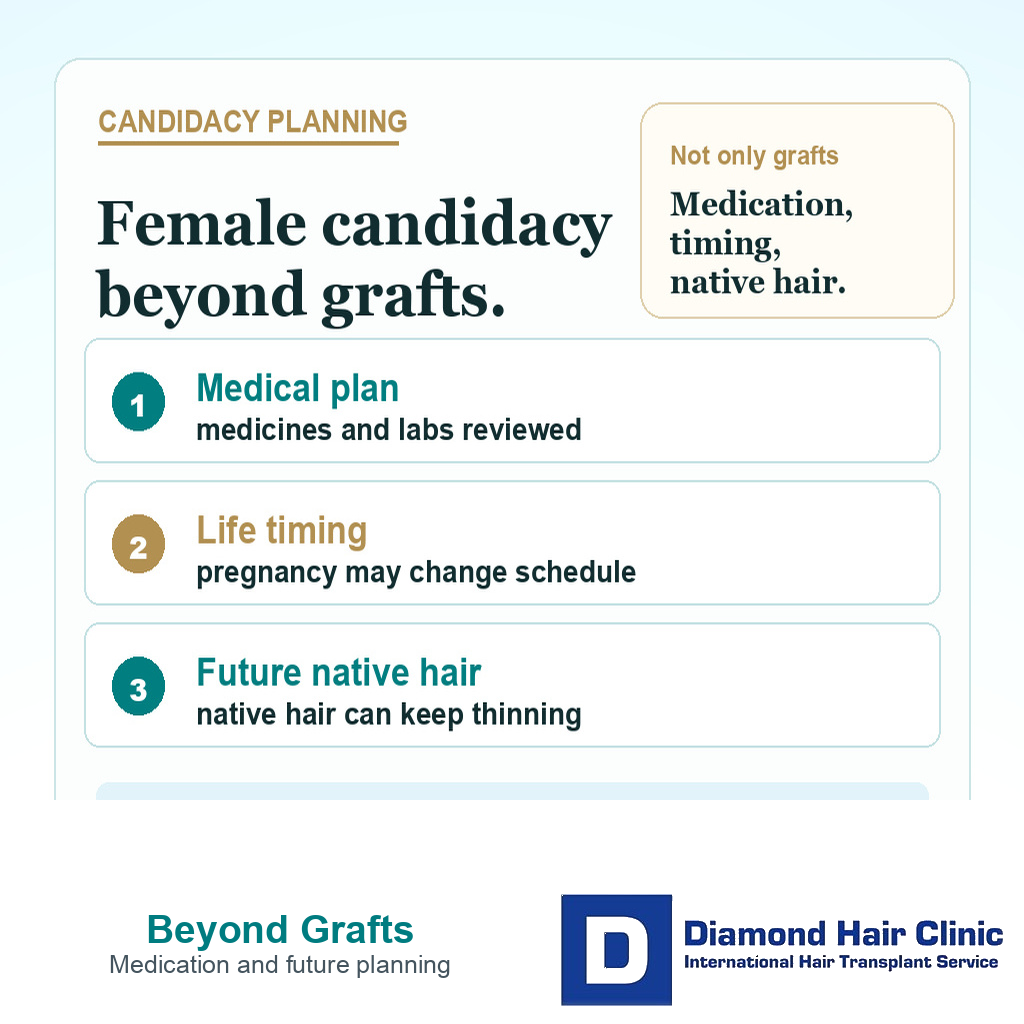 Support card explaining medication, timing, and future native hair planning before female hair transplant surgery