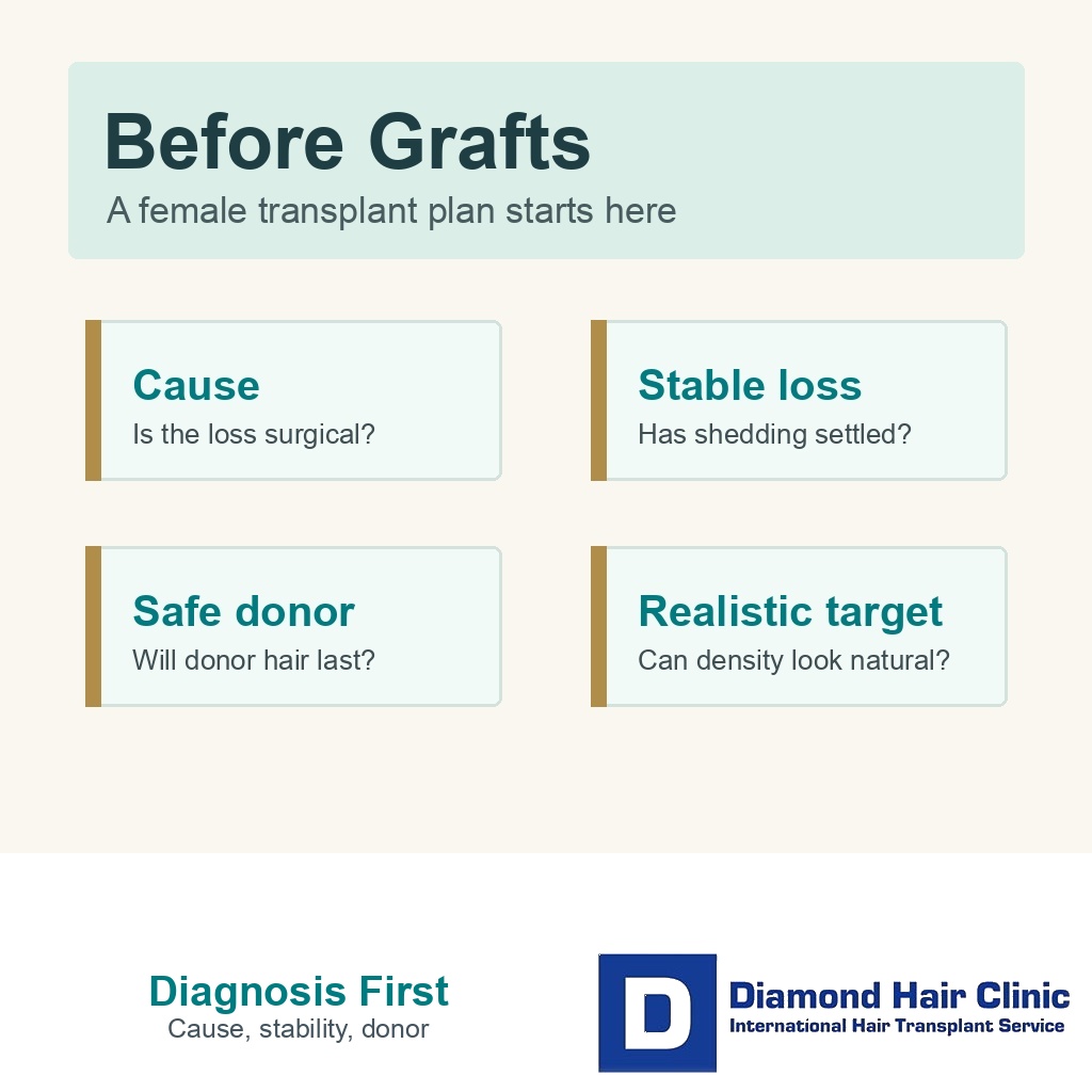 Support card showing diagnosis, stability, donor safety, and realistic target before female hair transplant graft planning.