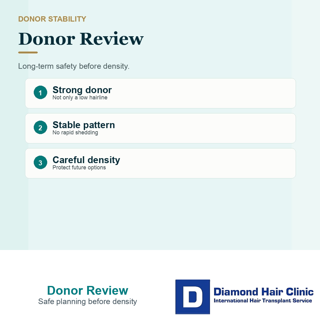 Woman viewing her hair in a mirror beside donor review points for female hair transplant planning.