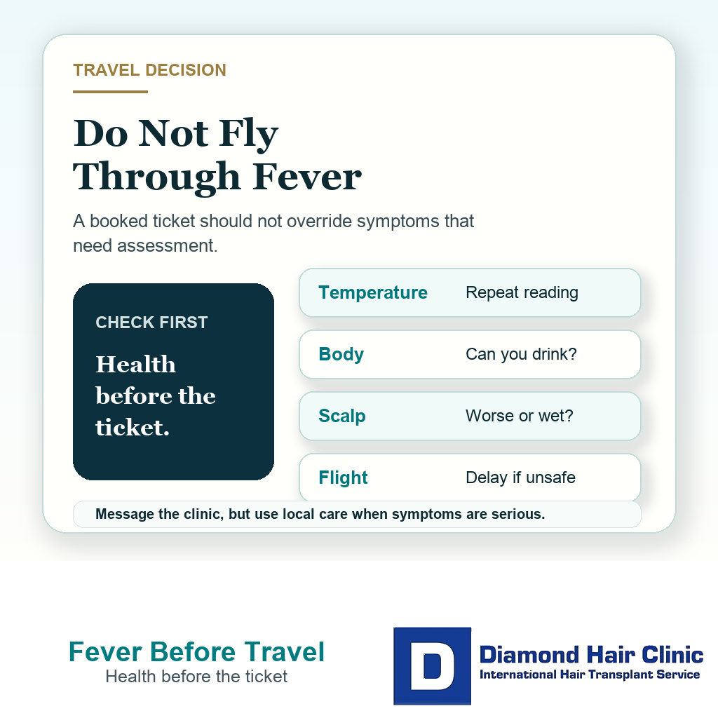 Clinical support card explaining what to check before flying home with fever after a hair transplant