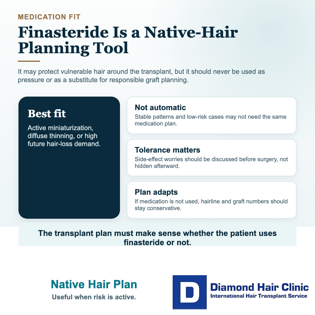 When Is Finasteride Helpful Before or After a Hair Transplant? visual explaining when finasteride helps protect native hair and when the plan should be adjusted