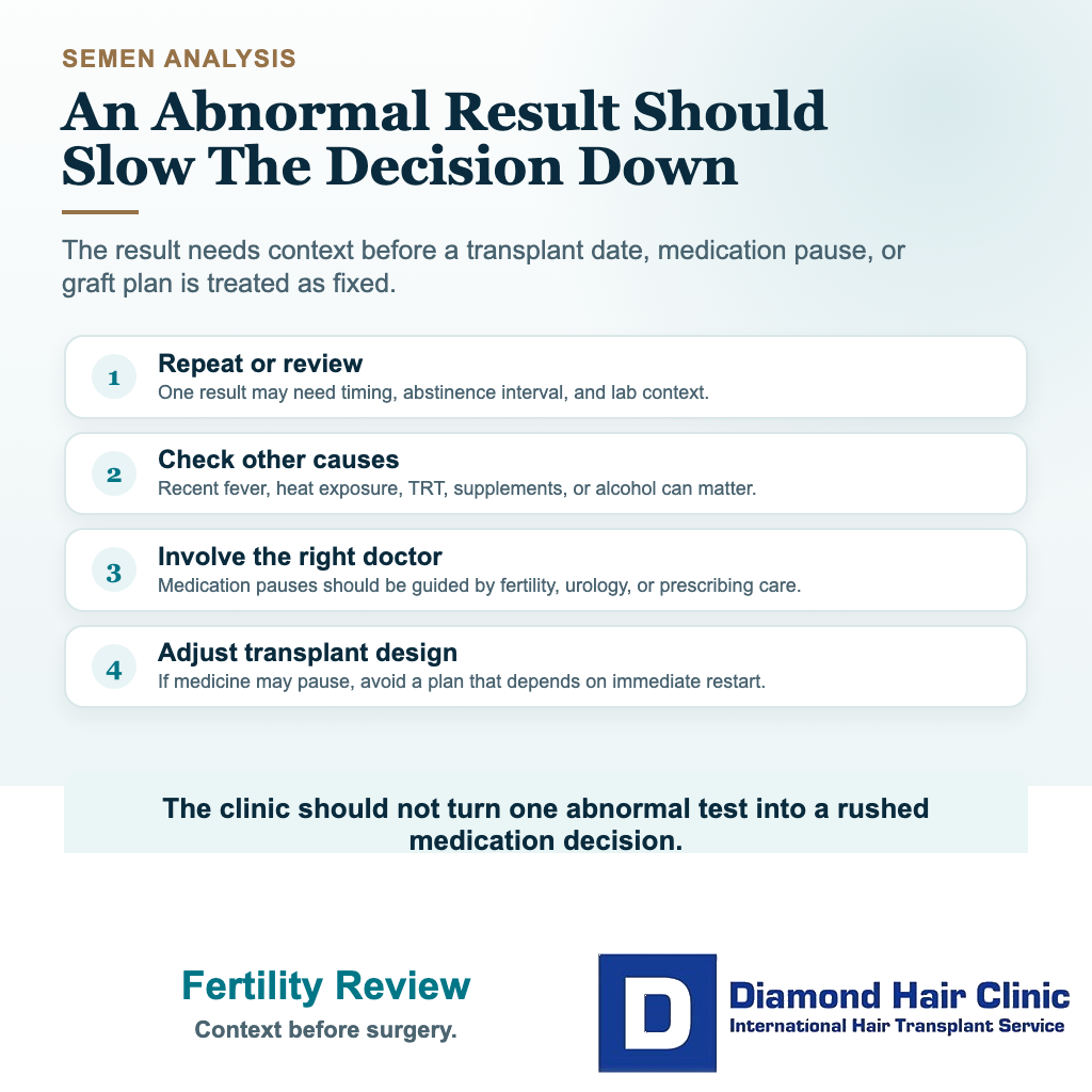 Diamond Hair Clinic visual explaining why an abnormal semen analysis before hair transplant should be reviewed with context before medication or surgery decisions