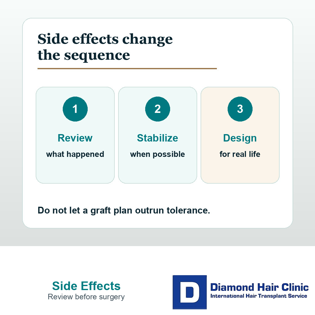 Planning card showing when to wait, when to proceed conservatively, and when to rethink hair transplant surgery after finasteride side effects.