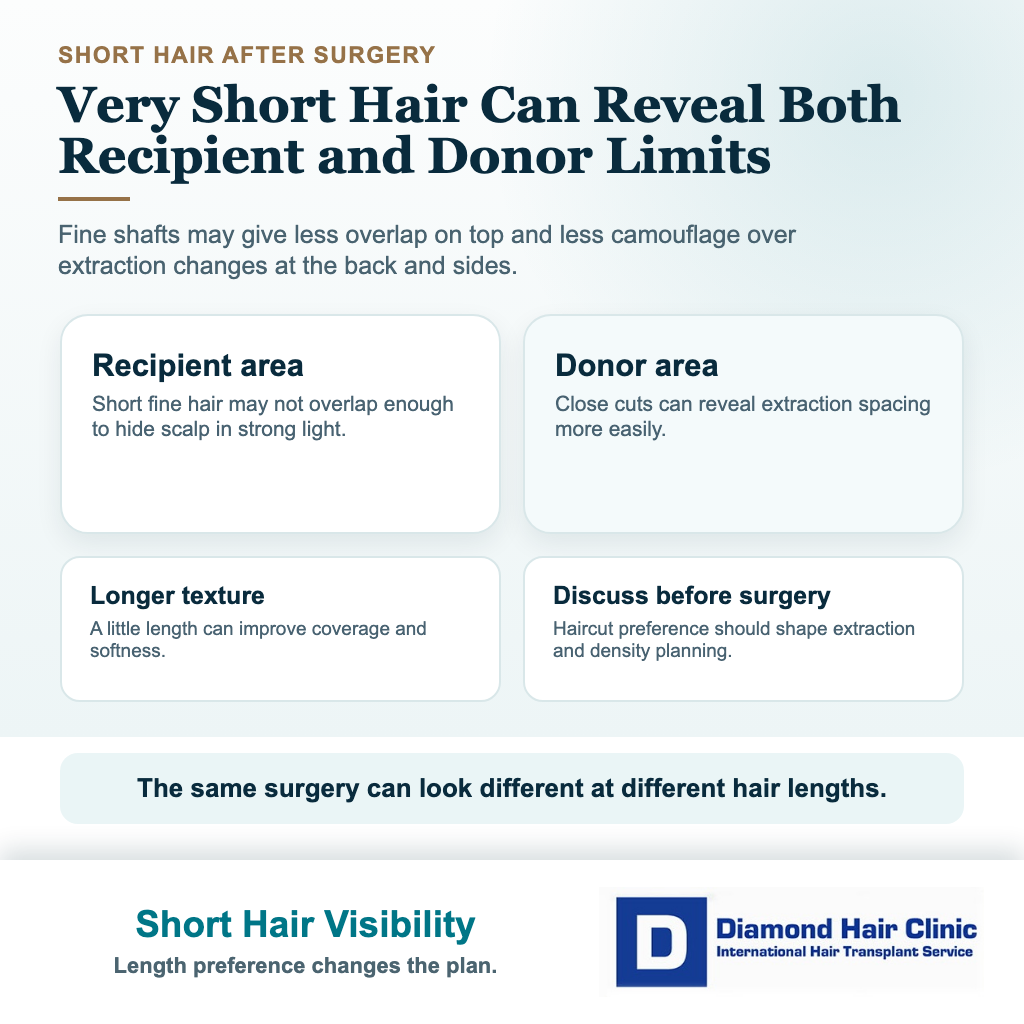 Fine hair hair transplant visual explaining why very short hairstyles can reveal recipient scalp and donor extraction pattern after surgery