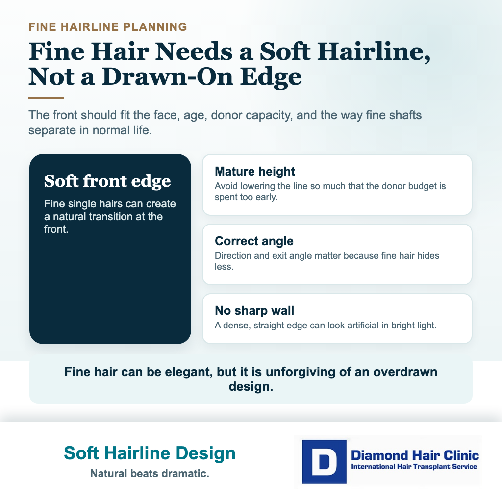 Fine hair hair transplant visual explaining soft conservative hairline design with fine single hairs and realistic density