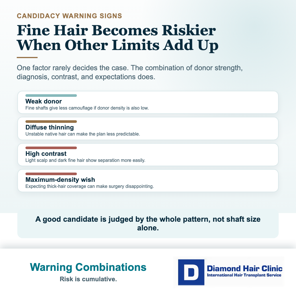 Fine hair hair transplant visual showing when fine caliber becomes a warning sign with weak donor diffuse thinning high contrast or unrealistic expectations