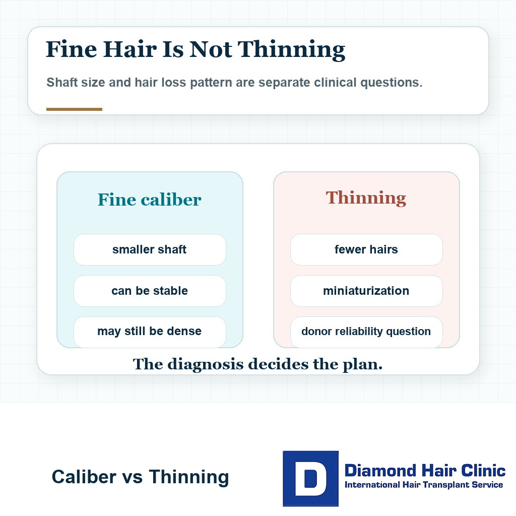 Comparison card explaining that fine hair shaft caliber is different from thinning or miniaturized donor hair