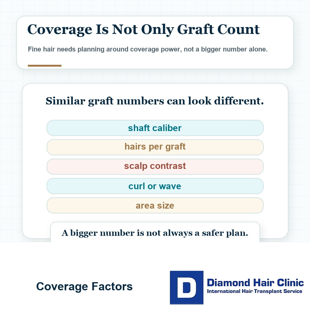 Planning card showing that fine hair transplant coverage depends on shaft caliber hairs per graft scalp contrast curl and area size