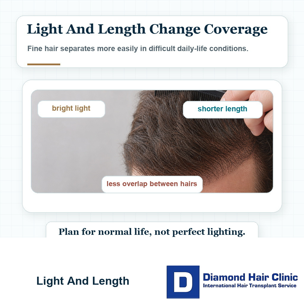 Visual explaining that fine hair can show more scalp under bright light when wet or when worn very short