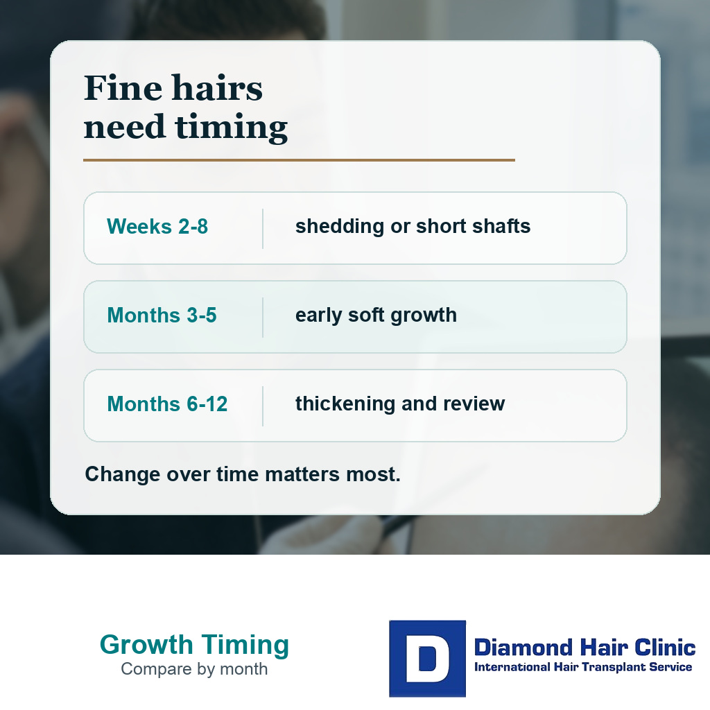 Information card explaining how fine hairs after FUE should be interpreted by timing stage.
