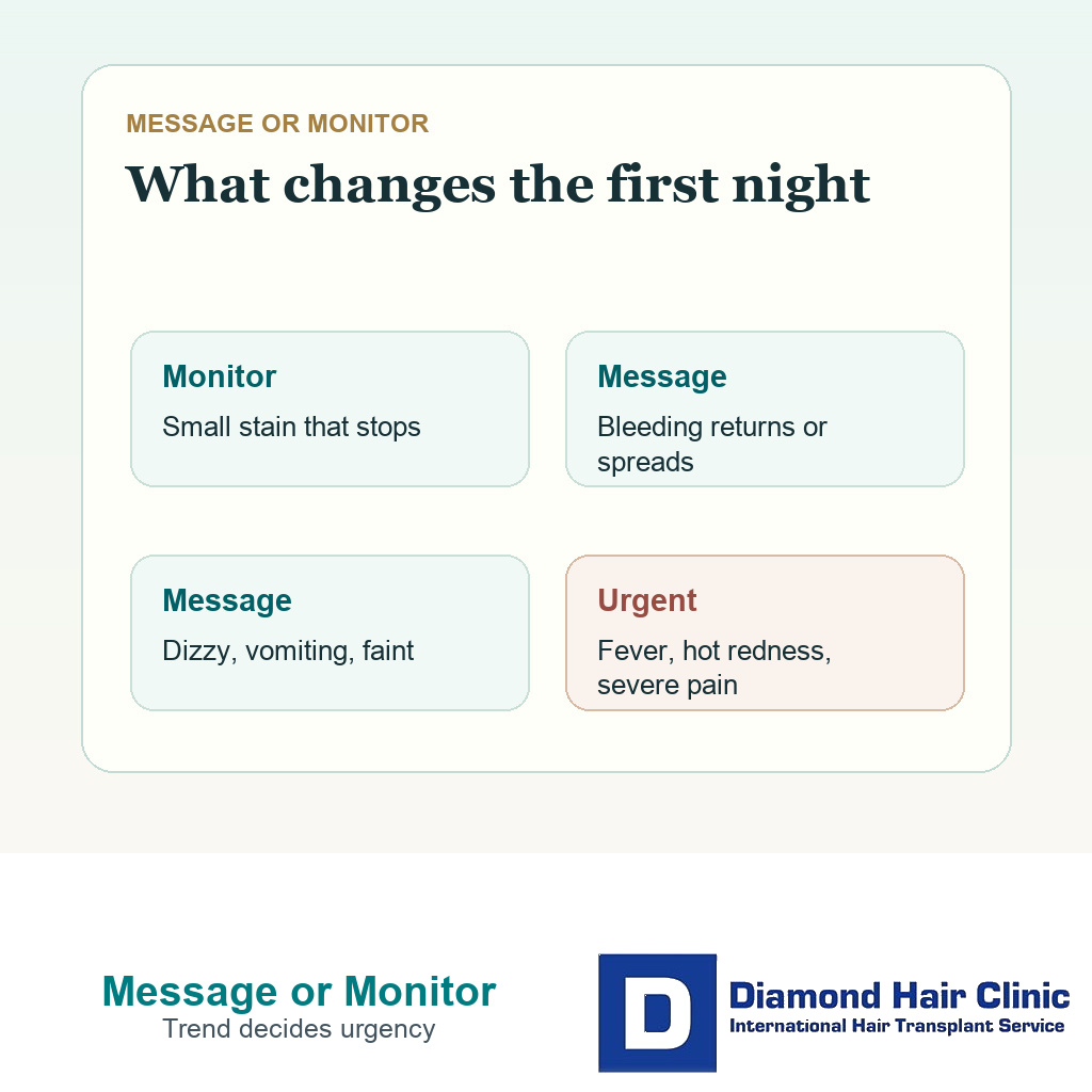 Decision card comparing stable first night signs with warning signs that need a clinic message after hair transplant