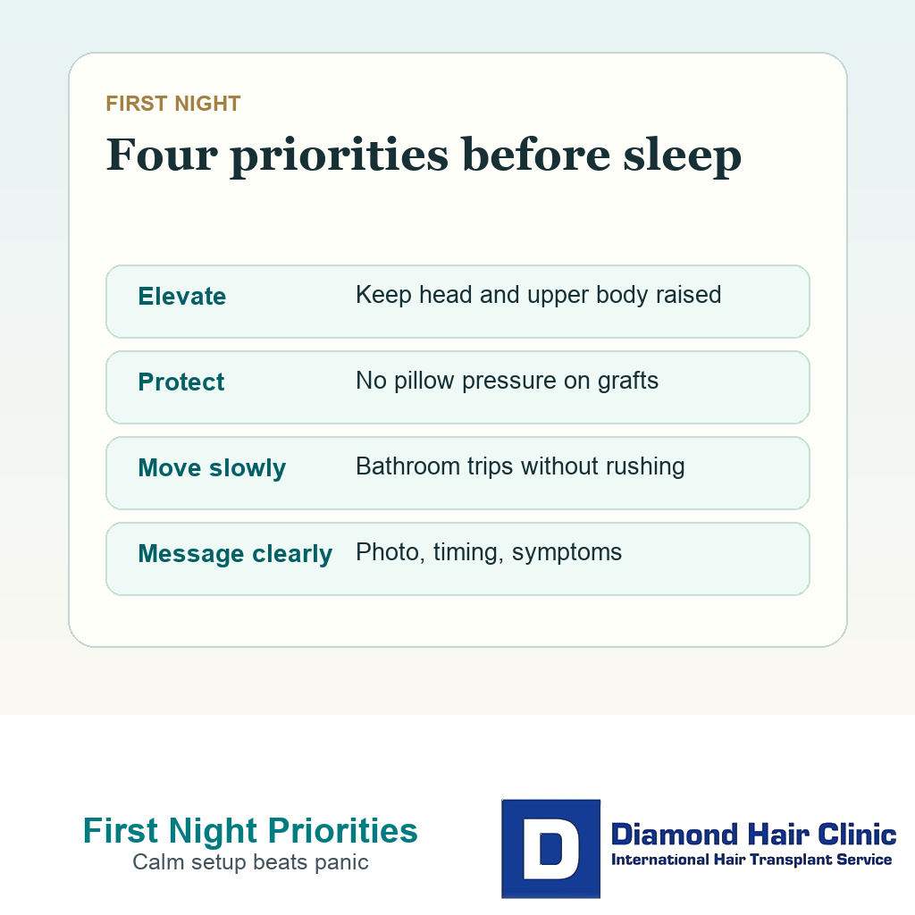 Support card showing first night priorities after FUE including head elevation graft protection and calm clinic messaging