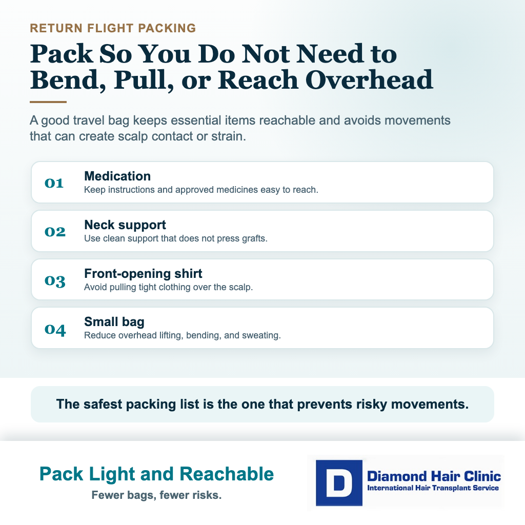Hair transplant flying visual showing what to pack for safer travel after surgery including medication instructions and light luggage