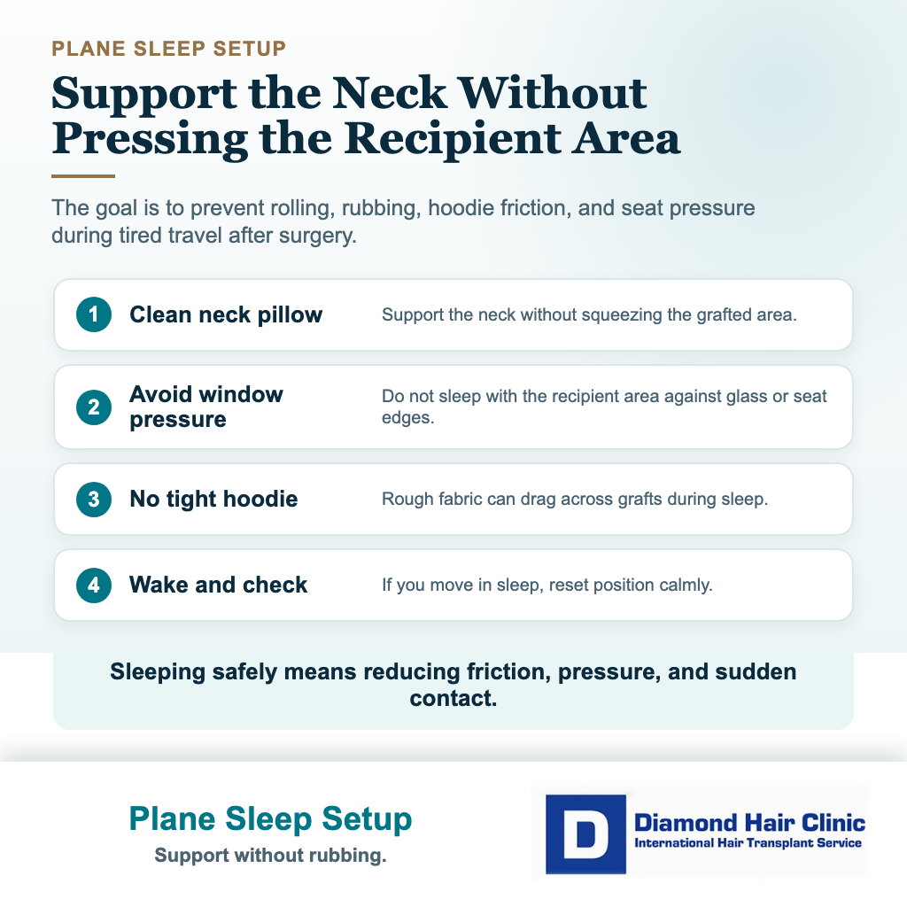 Hair transplant flying visual explaining safe plane sleep setup with neck support and no recipient area pressure