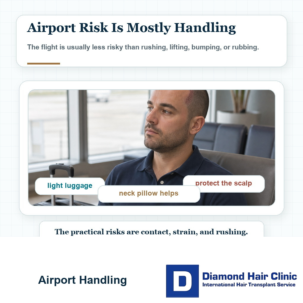 Airport travel visual showing light luggage neck support and scalp protection after a hair transplant