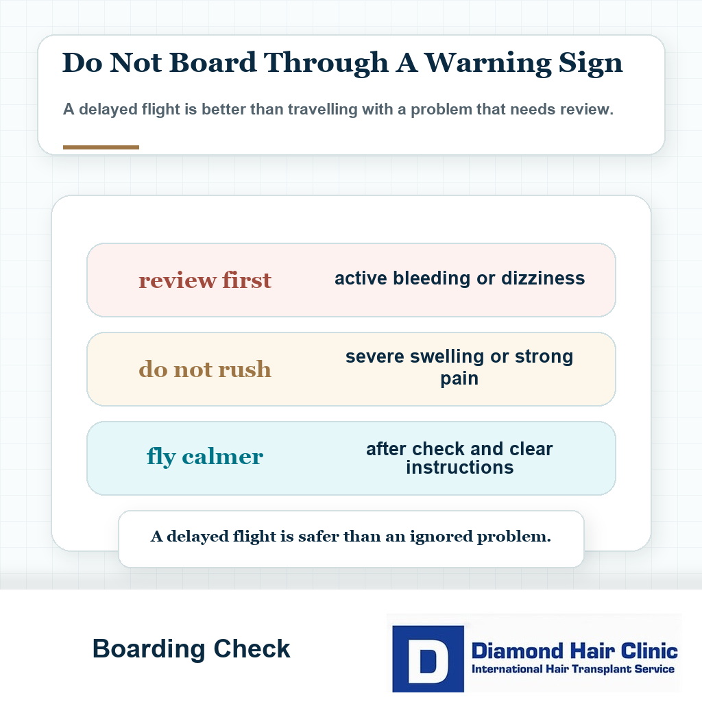 Boarding check card showing warning signs such as active bleeding severe swelling strong pain or dizziness before flying after hair transplant