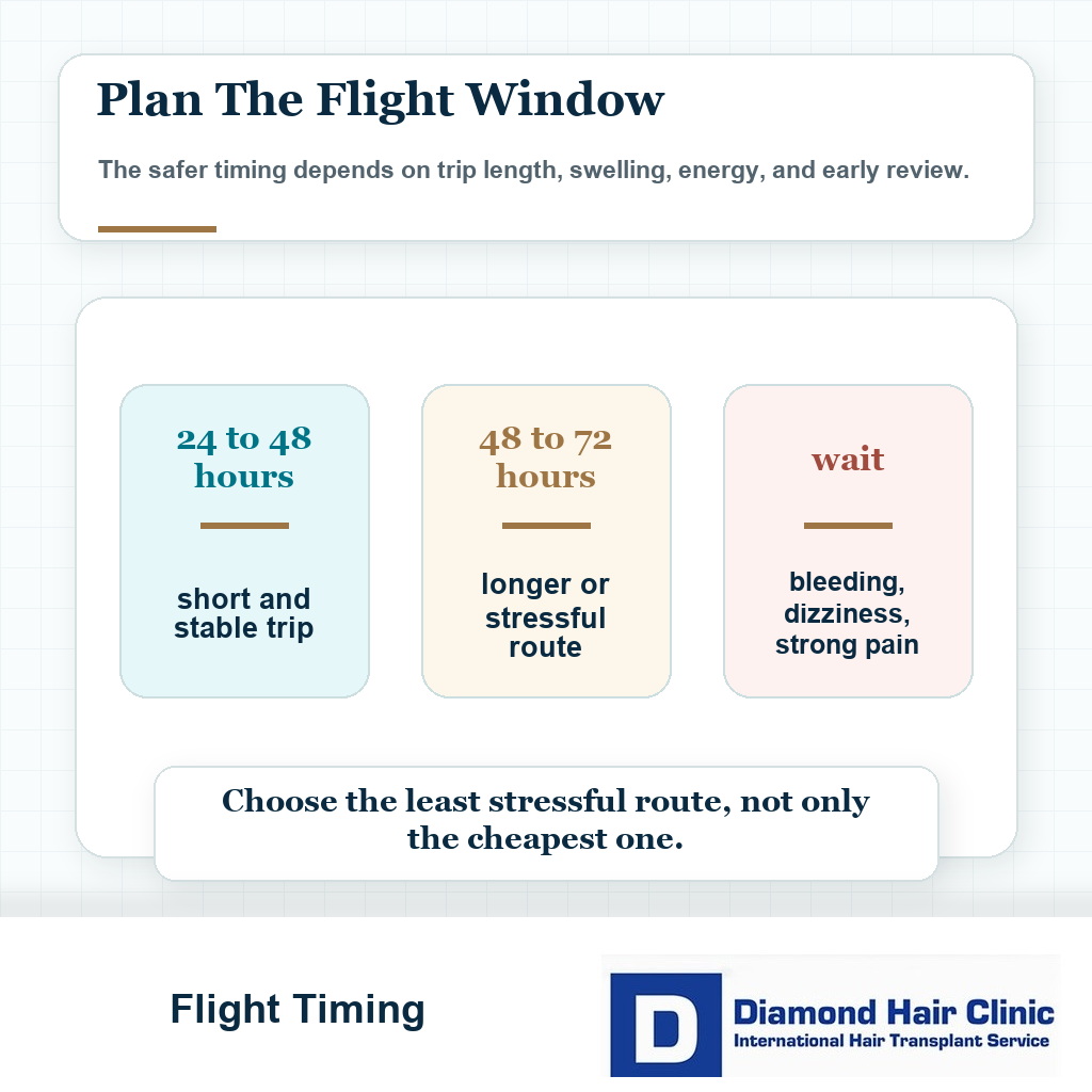 Timeline card showing 24 to 48 hours for short stable flights and 48 to 72 hours for longer travel after hair transplant