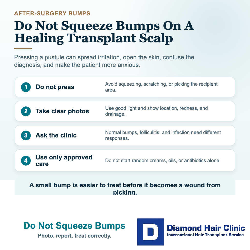 Visual explaining why patients should not squeeze bumps after hair transplant and should use photos clinic review and approved treatment for folliculitis concerns
