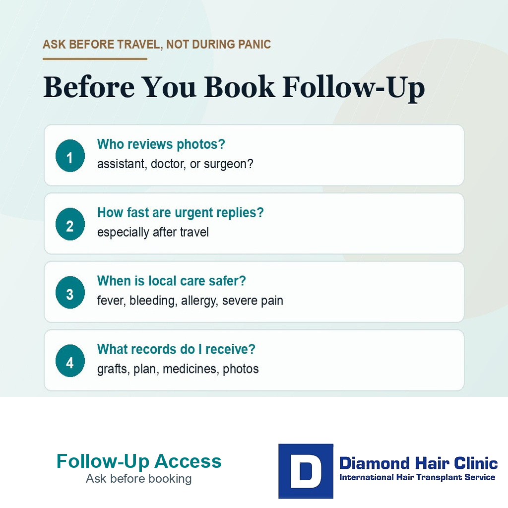 Information card listing follow up access questions to ask before booking a hair transplant abroad