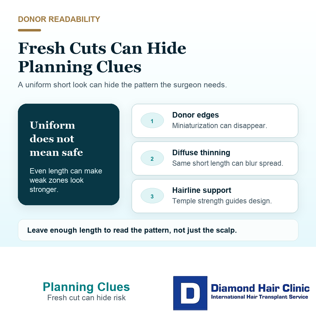 Support visual explaining how a very fresh haircut can hide donor weakness diffuse thinning and hairline planning clues before hair transplant