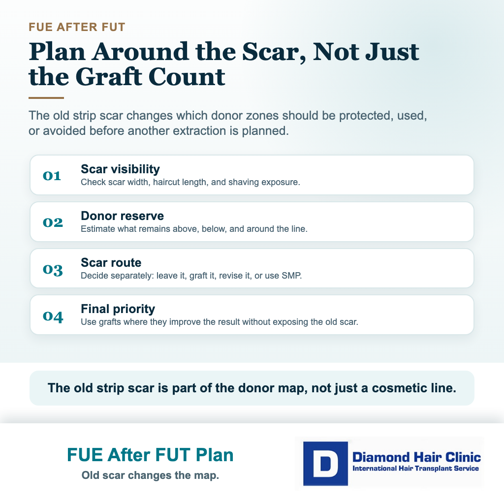 Diamond Hair Clinic visual explaining FUE after FUT planning around the old strip scar donor reserve scar route and final priority