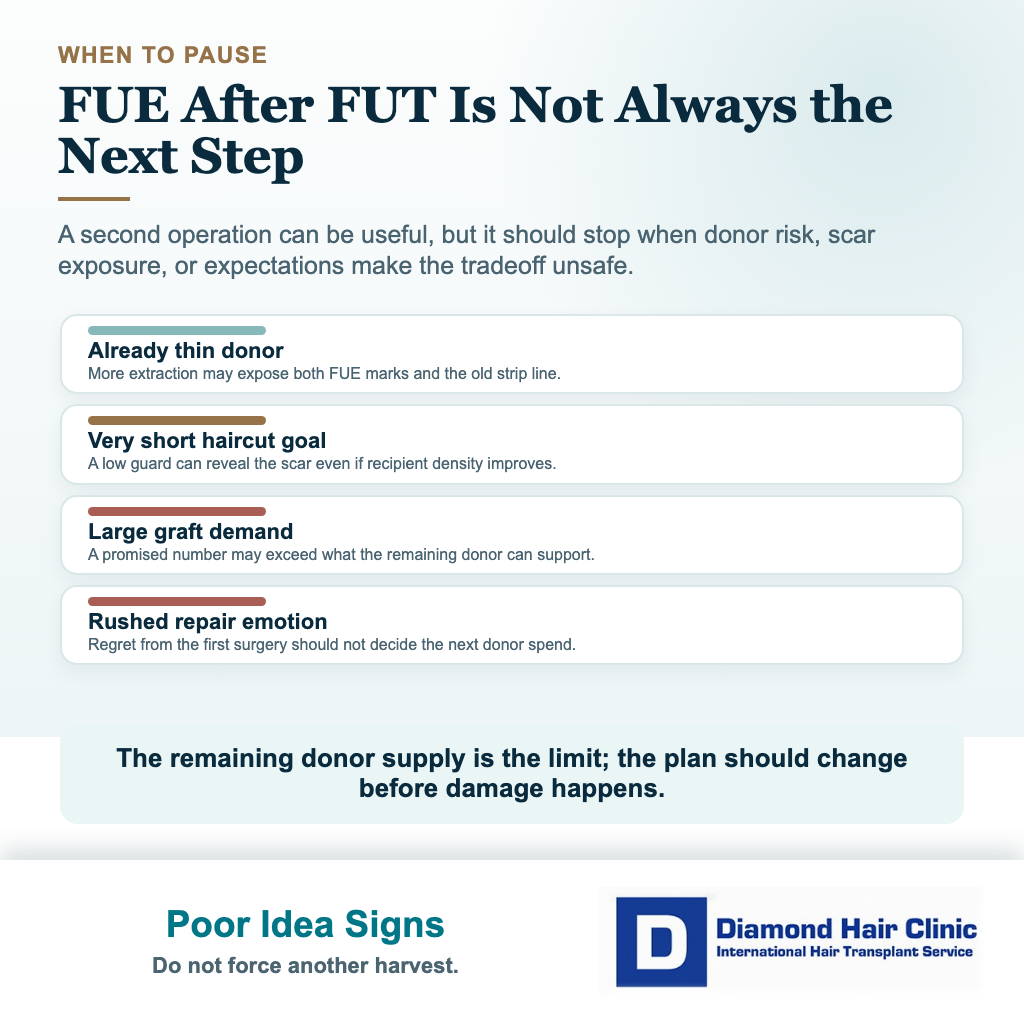 Diamond Hair Clinic visual showing poor idea signs before FUE after FUT hair transplant surgery