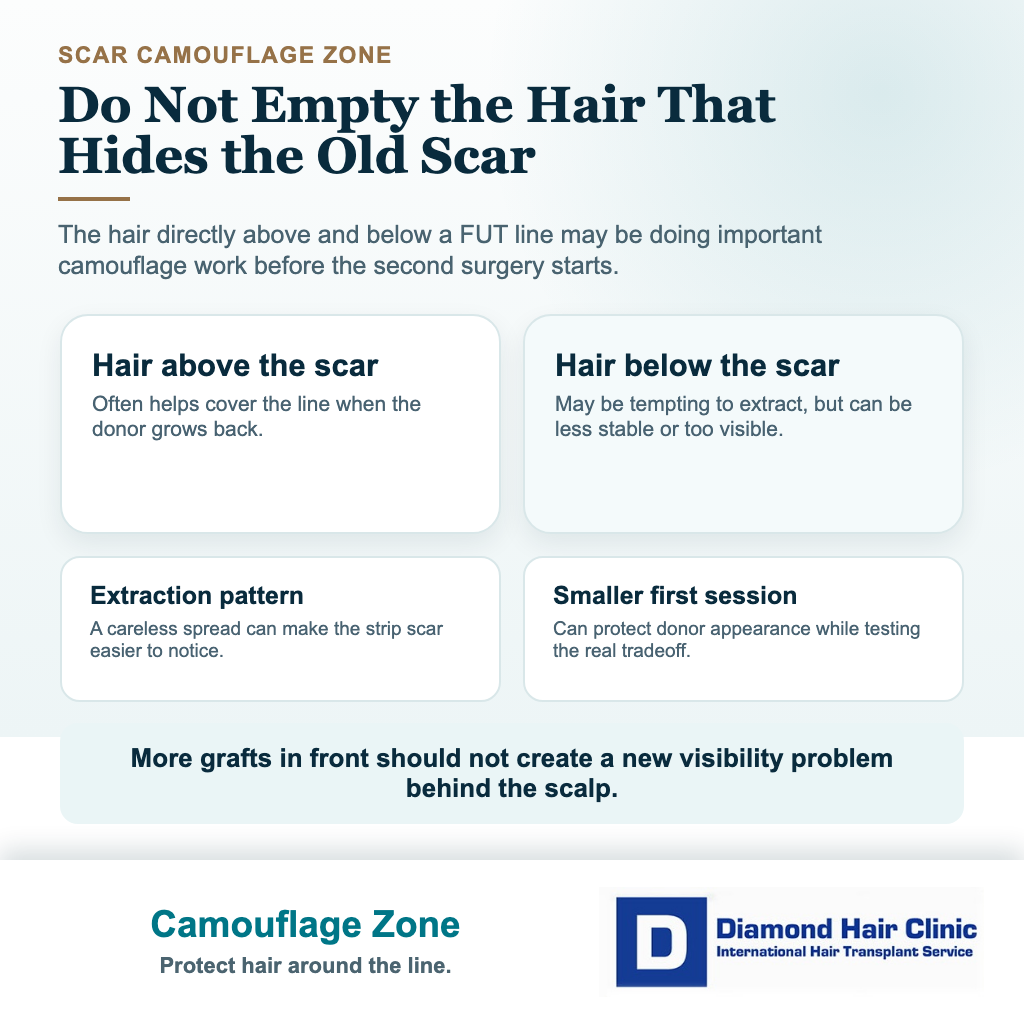 Diamond Hair Clinic visual explaining why FUE after FUT should protect the hair above and below an old strip scar