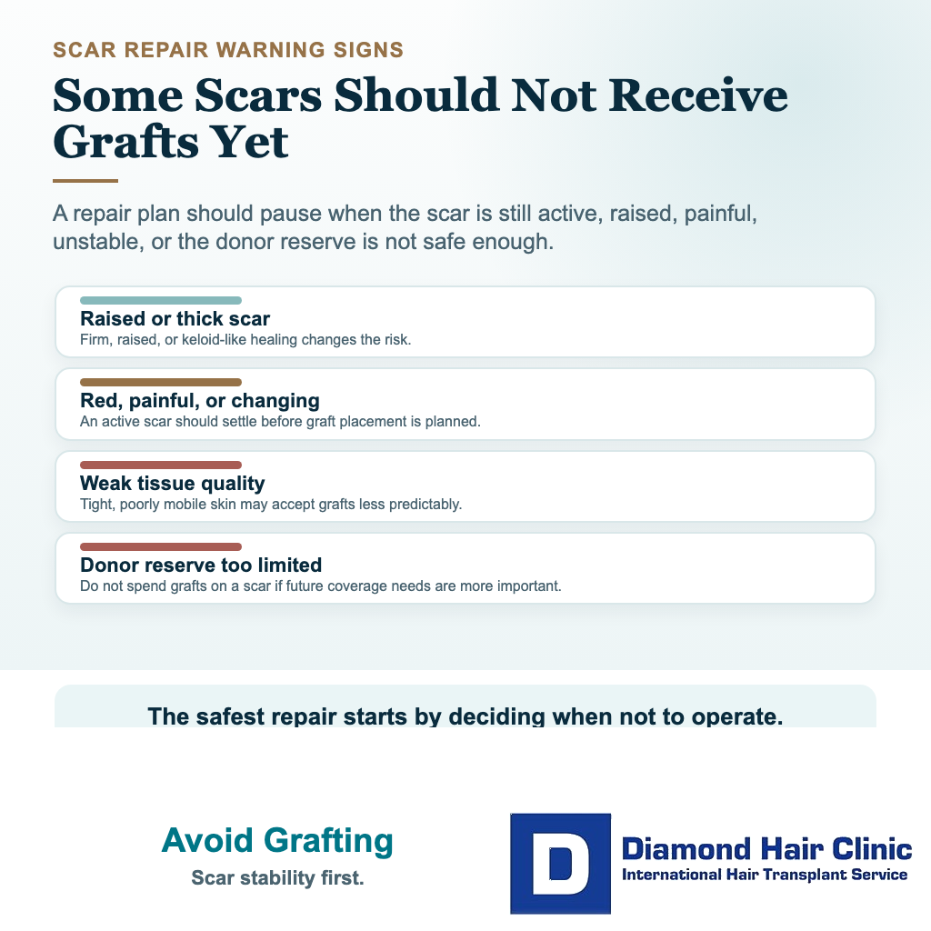FUT scar repair warning card showing when to avoid placing FUE grafts into a scar