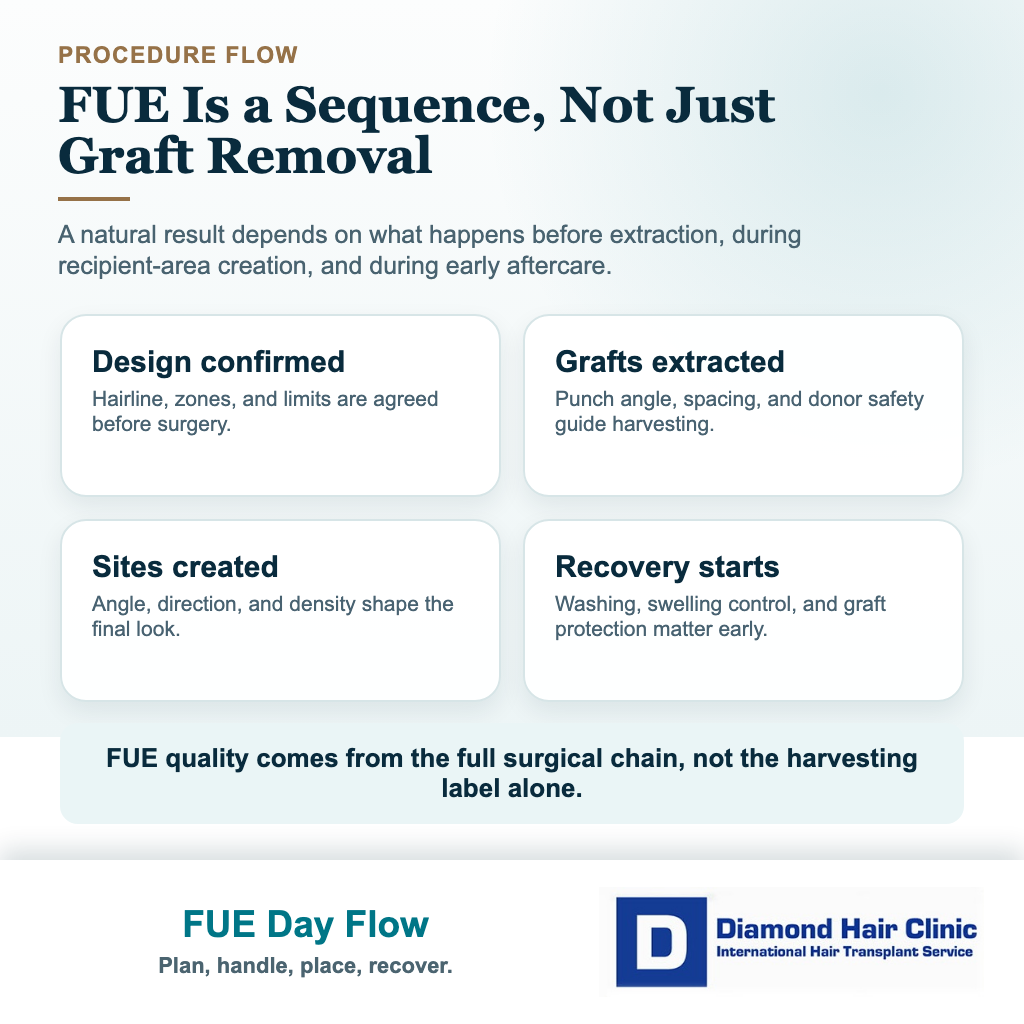 Visual explaining the sequence of FUE hair transplant surgery day and early recovery steps