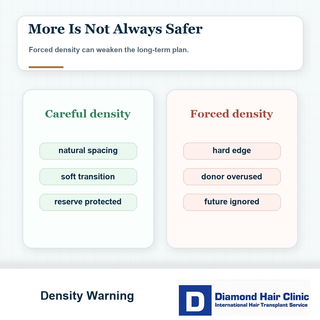 Comparison card explaining careful FUE density planning versus forced density that risks weak growth or donor damage