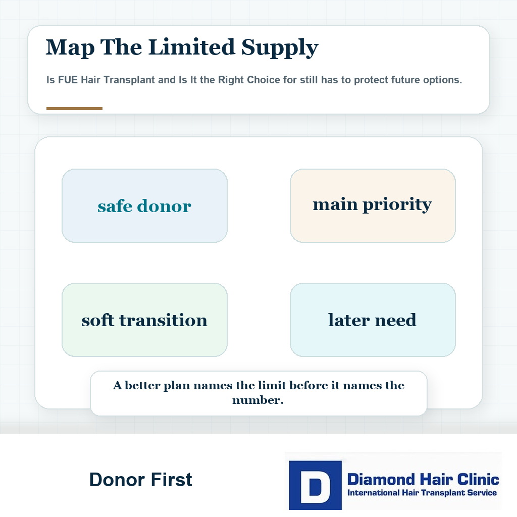 Donor-first planning card showing why FUE graft numbers must protect lifetime donor reserve