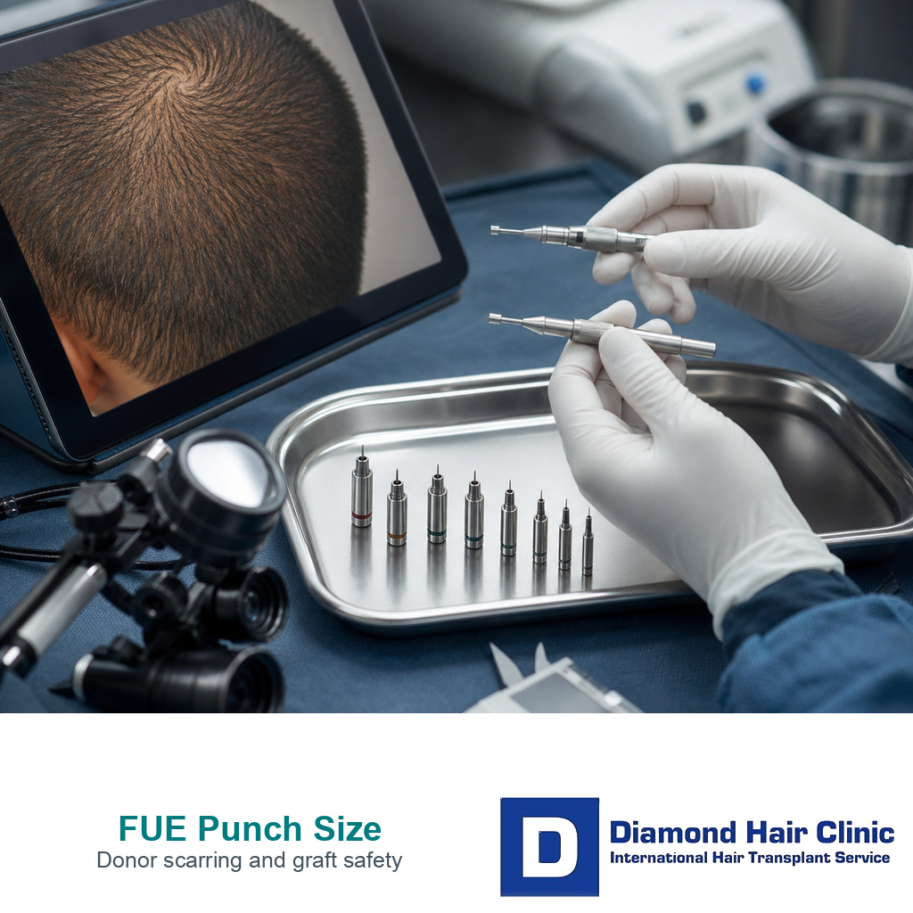 FUE punch tips loupes measuring tool and donor area review tablet