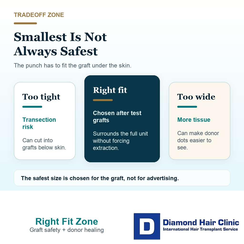 Support visual explaining that FUE punch size must balance transection risk graft fit and donor scarring