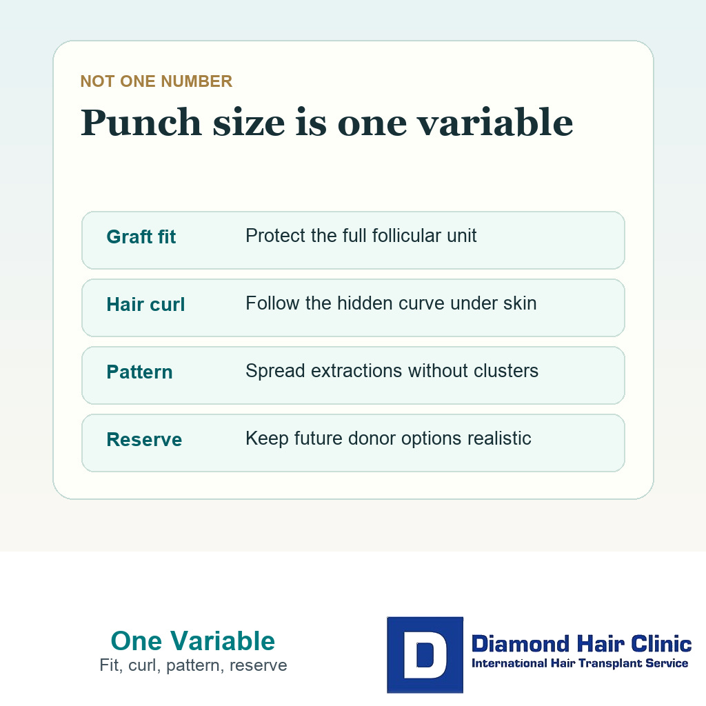 Information card explaining that FUE punch size is only one factor in donor scarring and graft quality