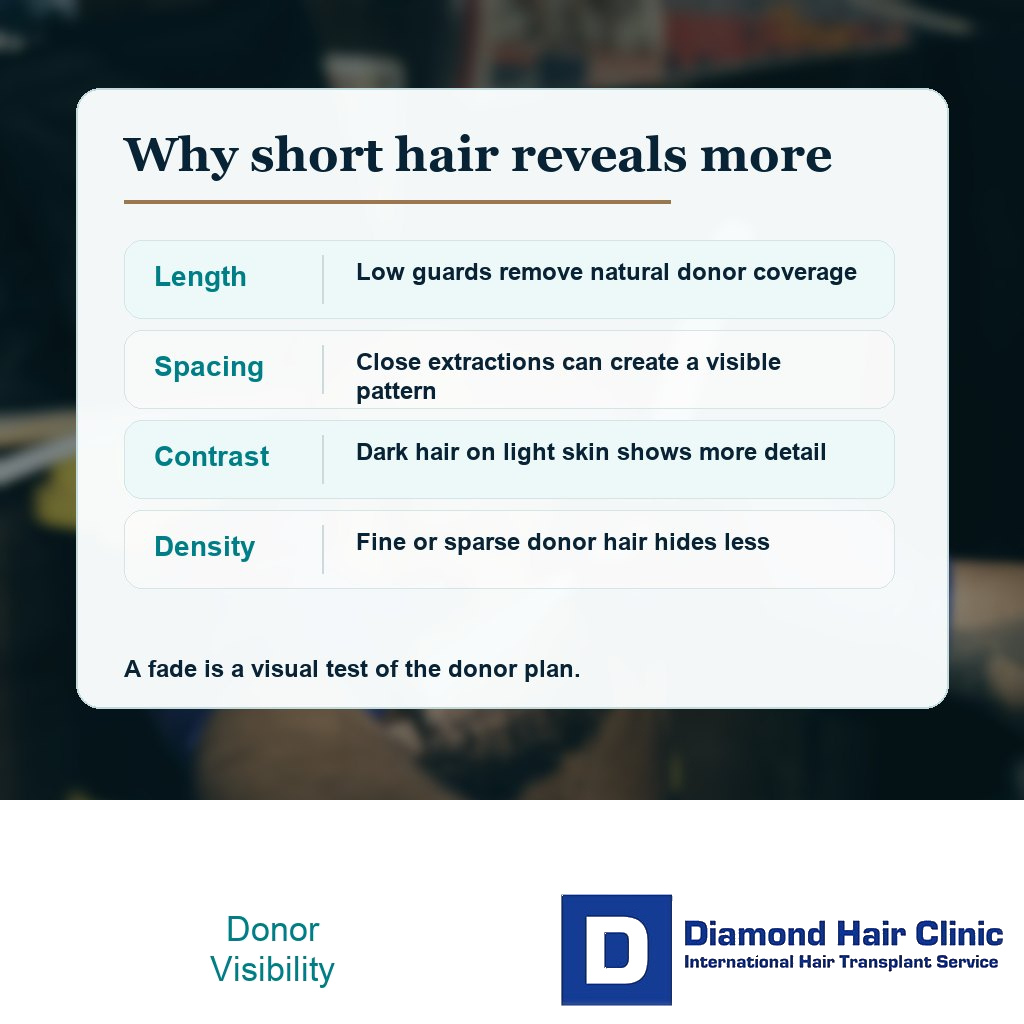 Short hair donor visibility after FUE depends on hair length, extraction spacing, and skin contrast.