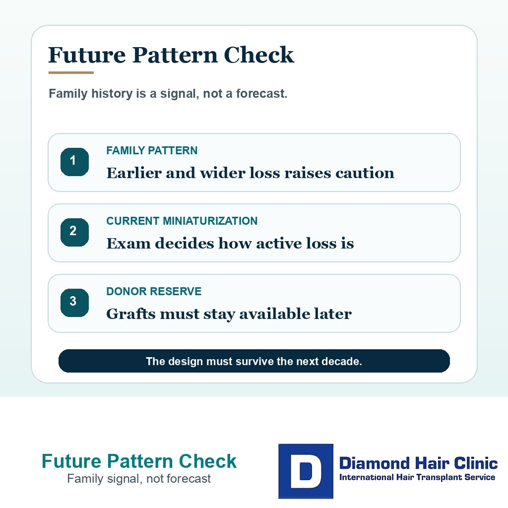 Information card showing family pattern, current miniaturization, and donor reserve before hair transplant planning