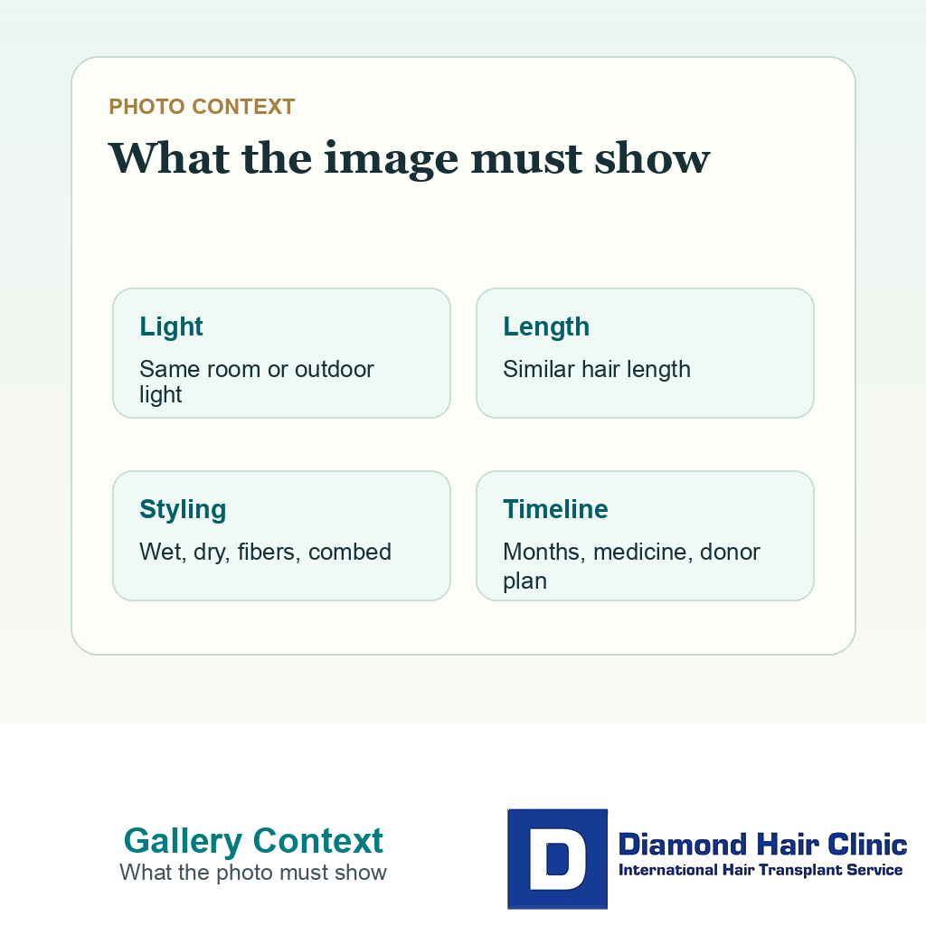 Comparison card showing lighting length styling timeline and donor plan as context for hair transplant before and after photos