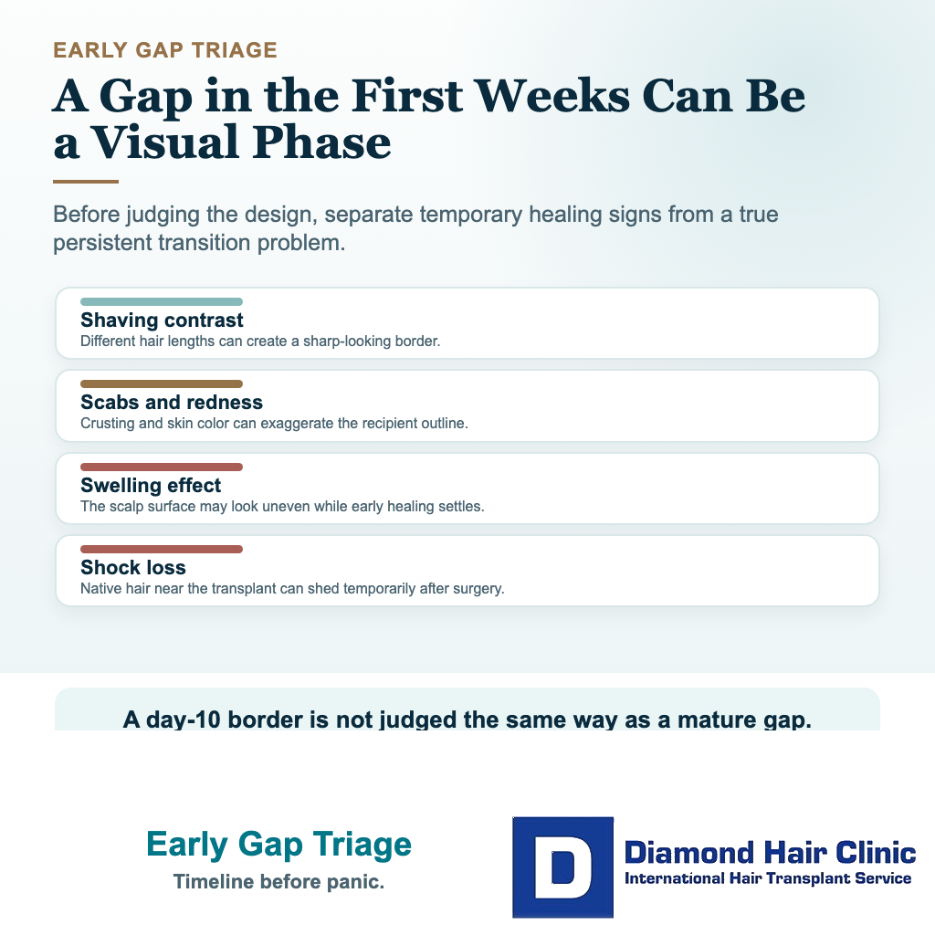 Visual explaining early temporary reasons a gap can appear between transplanted and native hair after surgery