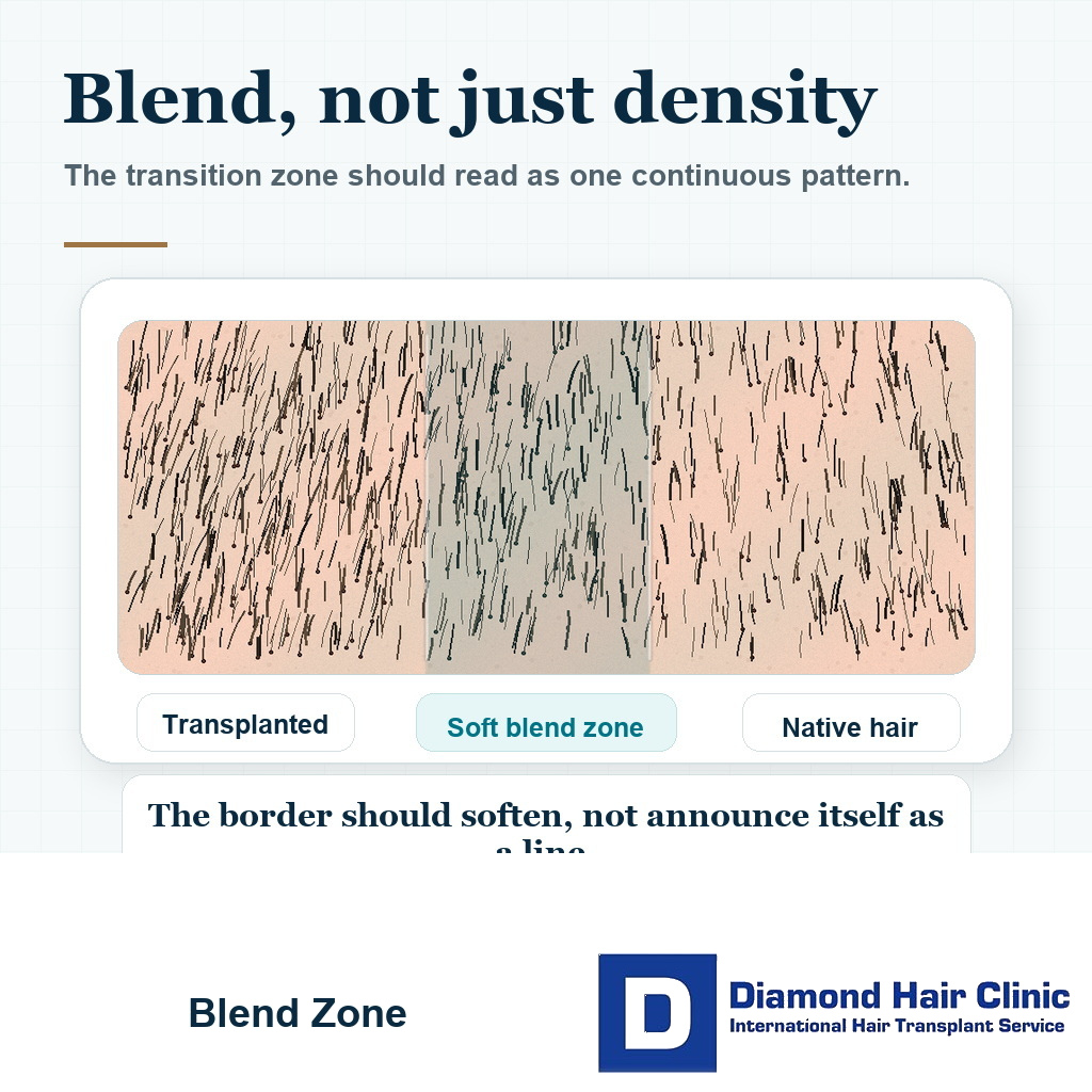 Visual explaining that a soft blend zone matters more than raw density between transplanted and native hair