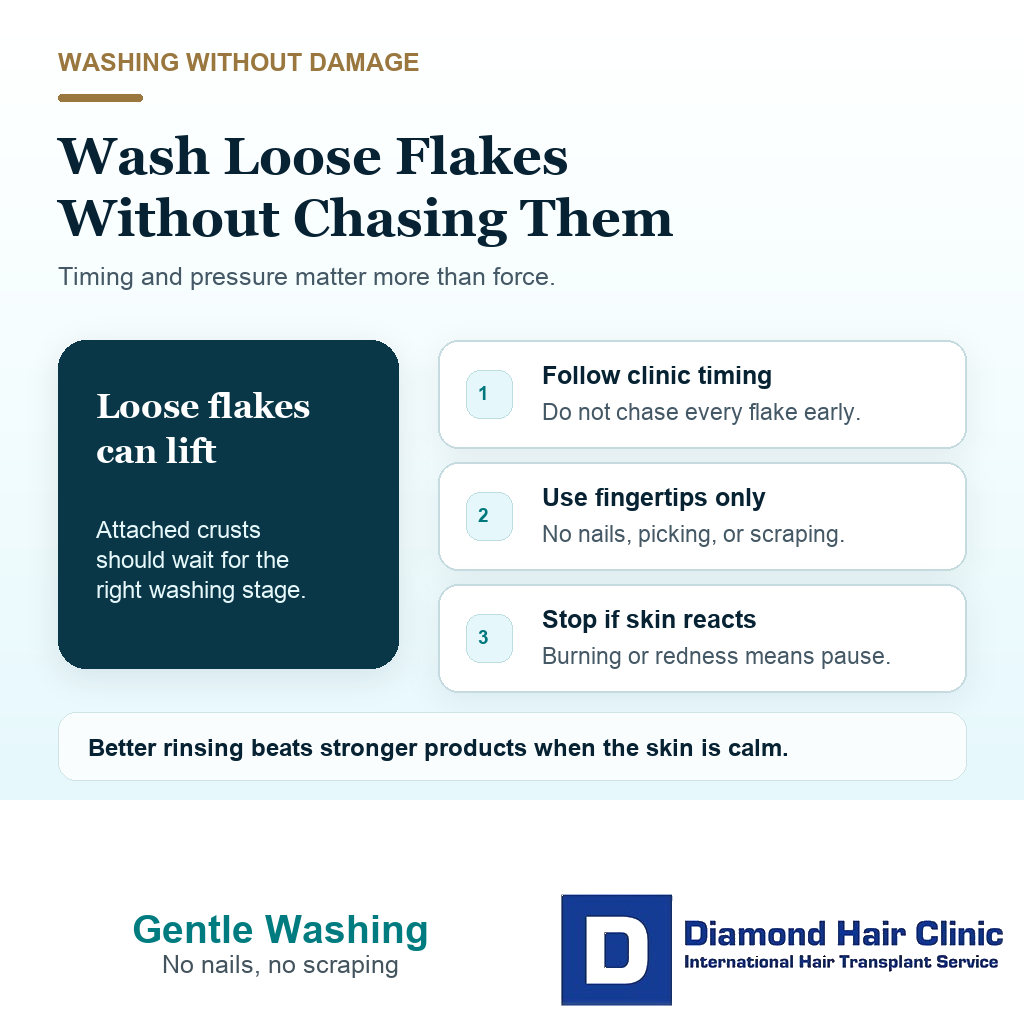 Support visual explaining gentle washing for white flakes after hair transplant without nails picking or scraping