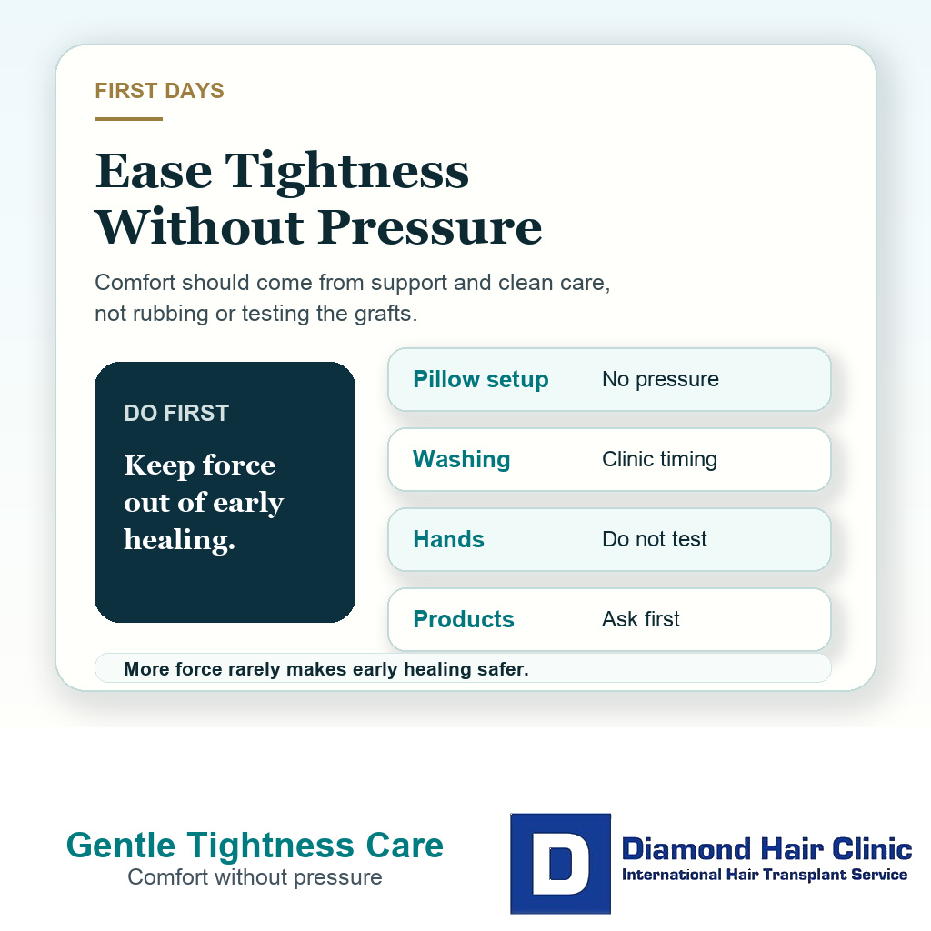 Clinical support card explaining how to ease scalp tightness after FUE without pressure massage graft testing or unapproved products