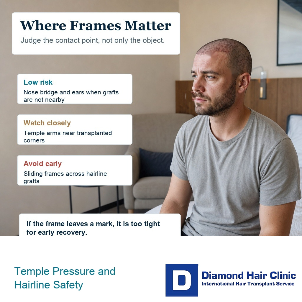 Visual showing where glasses may press near temple and hairline grafts after a hair transplant