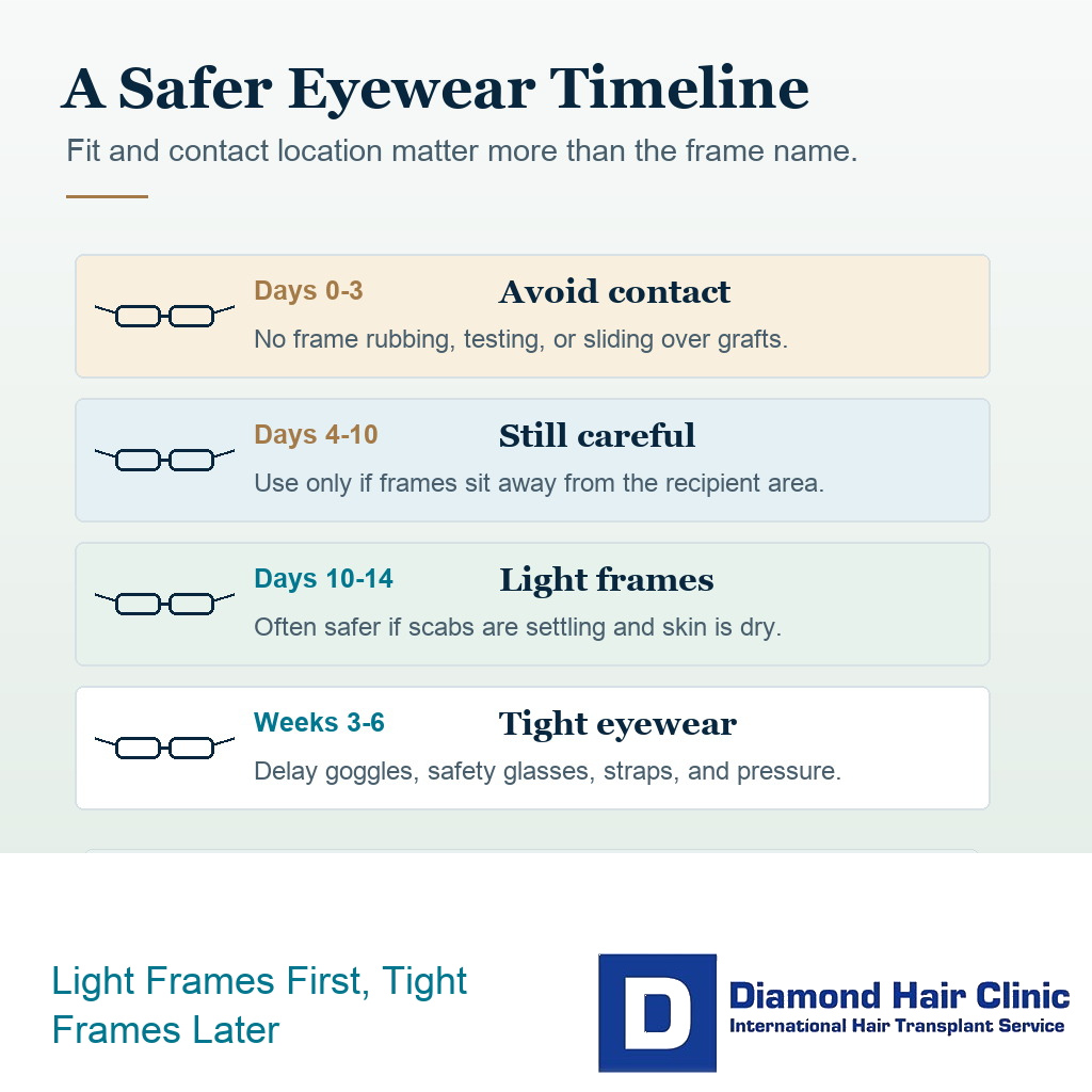 Timing card showing when glasses and sunglasses become safer after a hair transplant