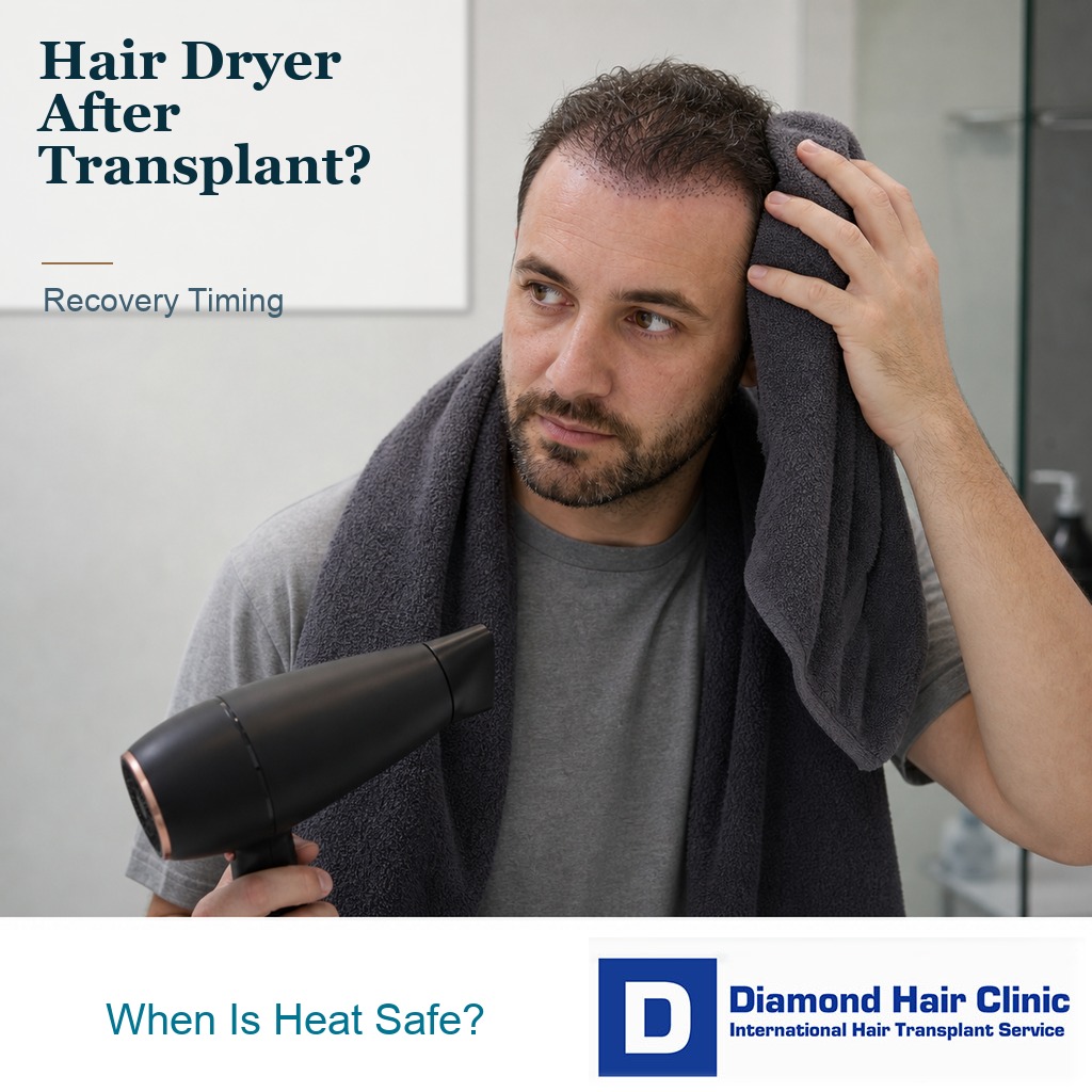 Patient drying hair carefully after a hair transplant without direct heat on the recipient area.