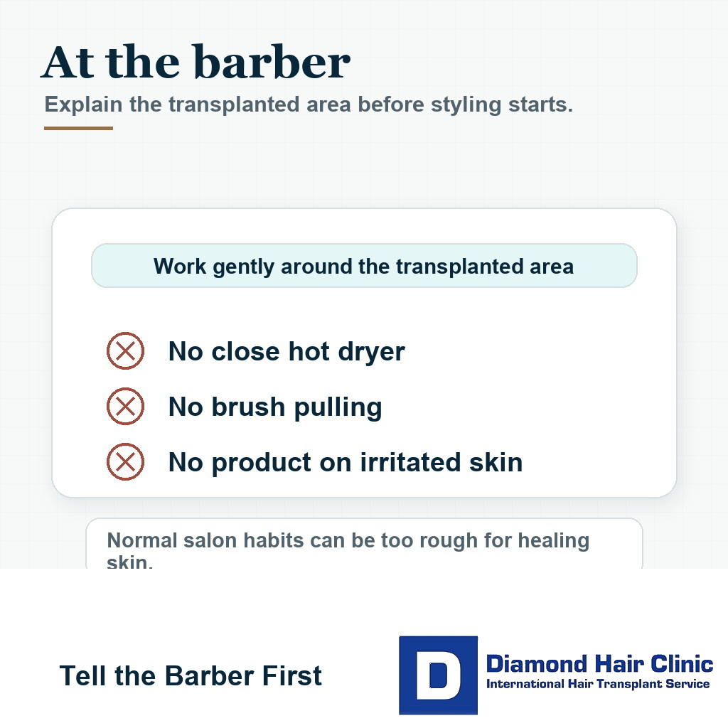 Barber instruction visual showing no close hot dryer, no brush pulling, and no product on irritated scalp