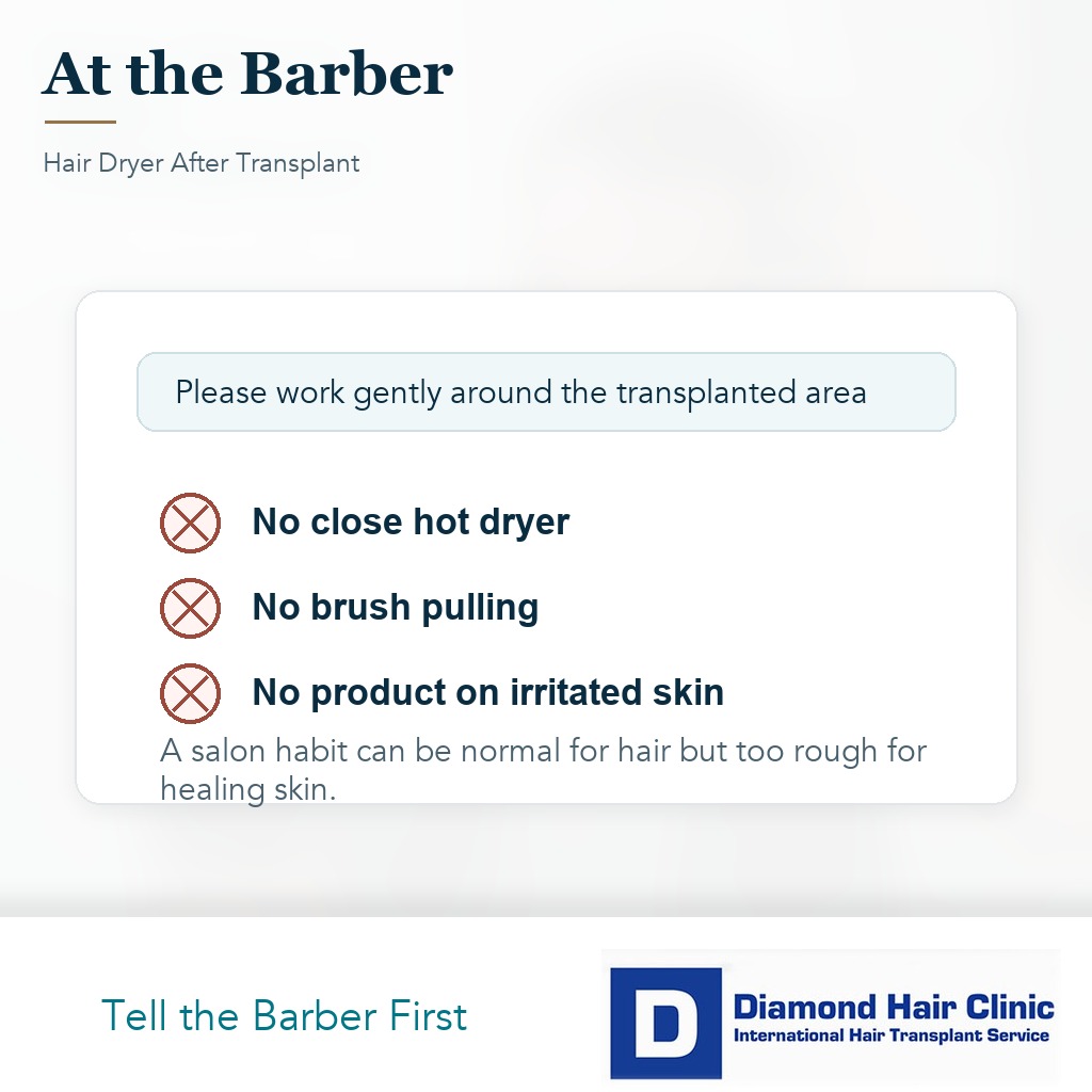 Barber instruction visual showing no close hot dryer, no brush pulling, and no product on irritated scalp