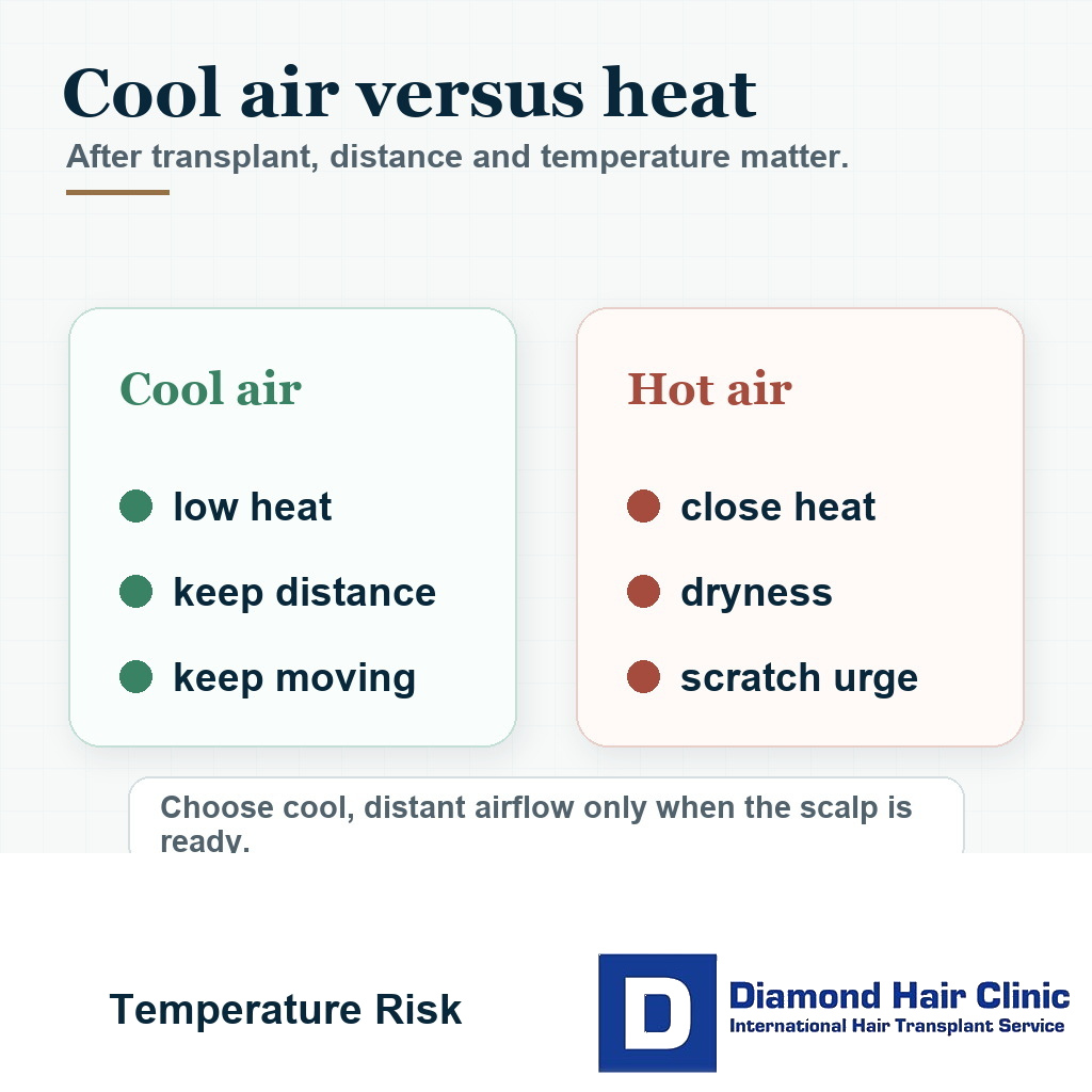 Comparison visual showing cool distant airflow as safer than close hot airflow after hair transplant