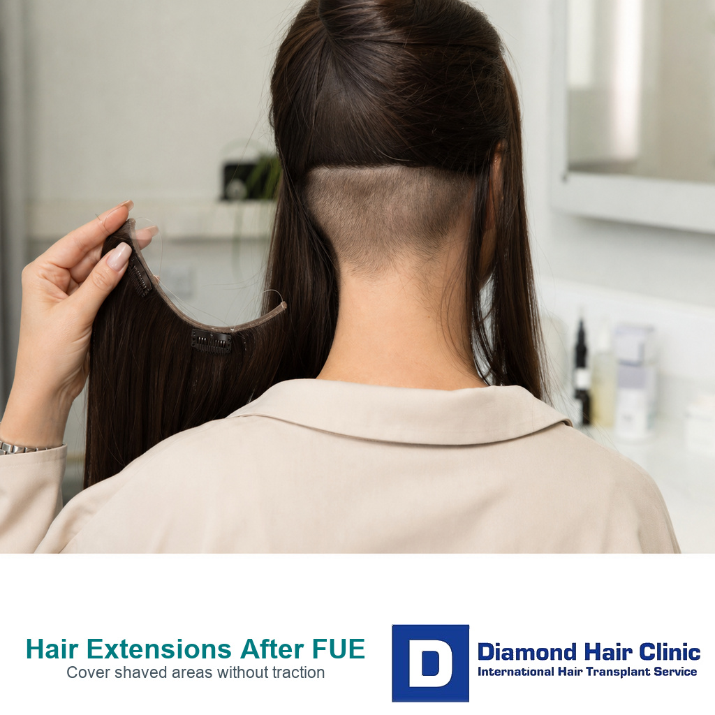 Rear view of female patient holding a lightweight extension near a healed donor area after FUE