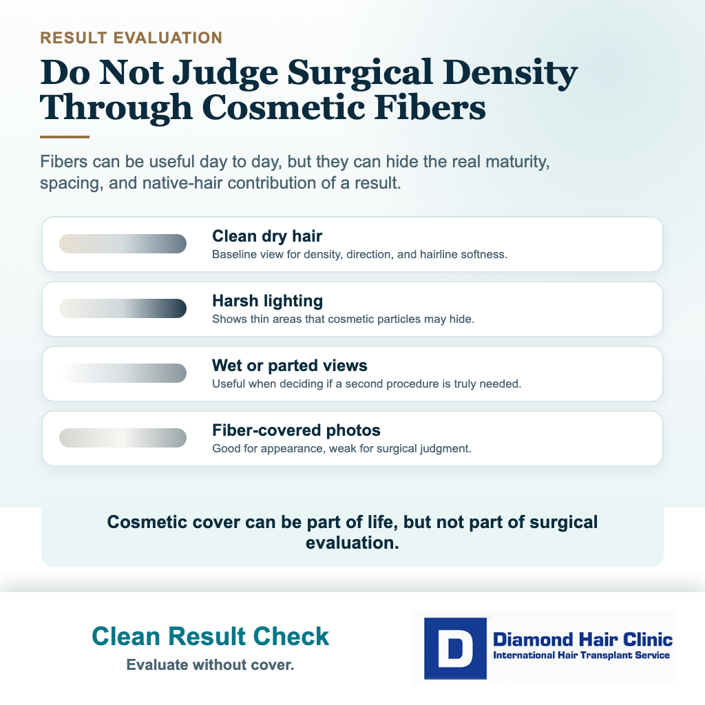 Card showing why hair transplant results should be evaluated without hair fibers
