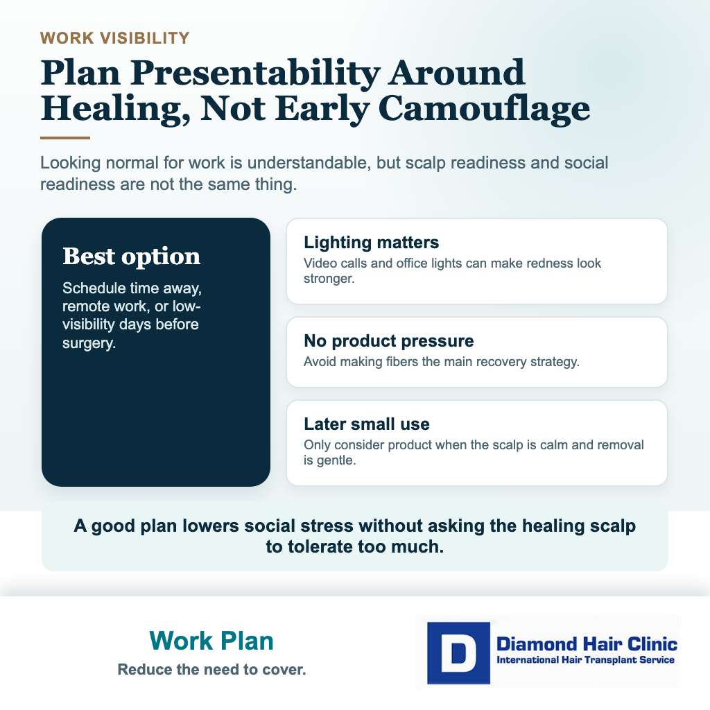 Work appearance planning card showing safer alternatives to early hair fibers after a hair transplant